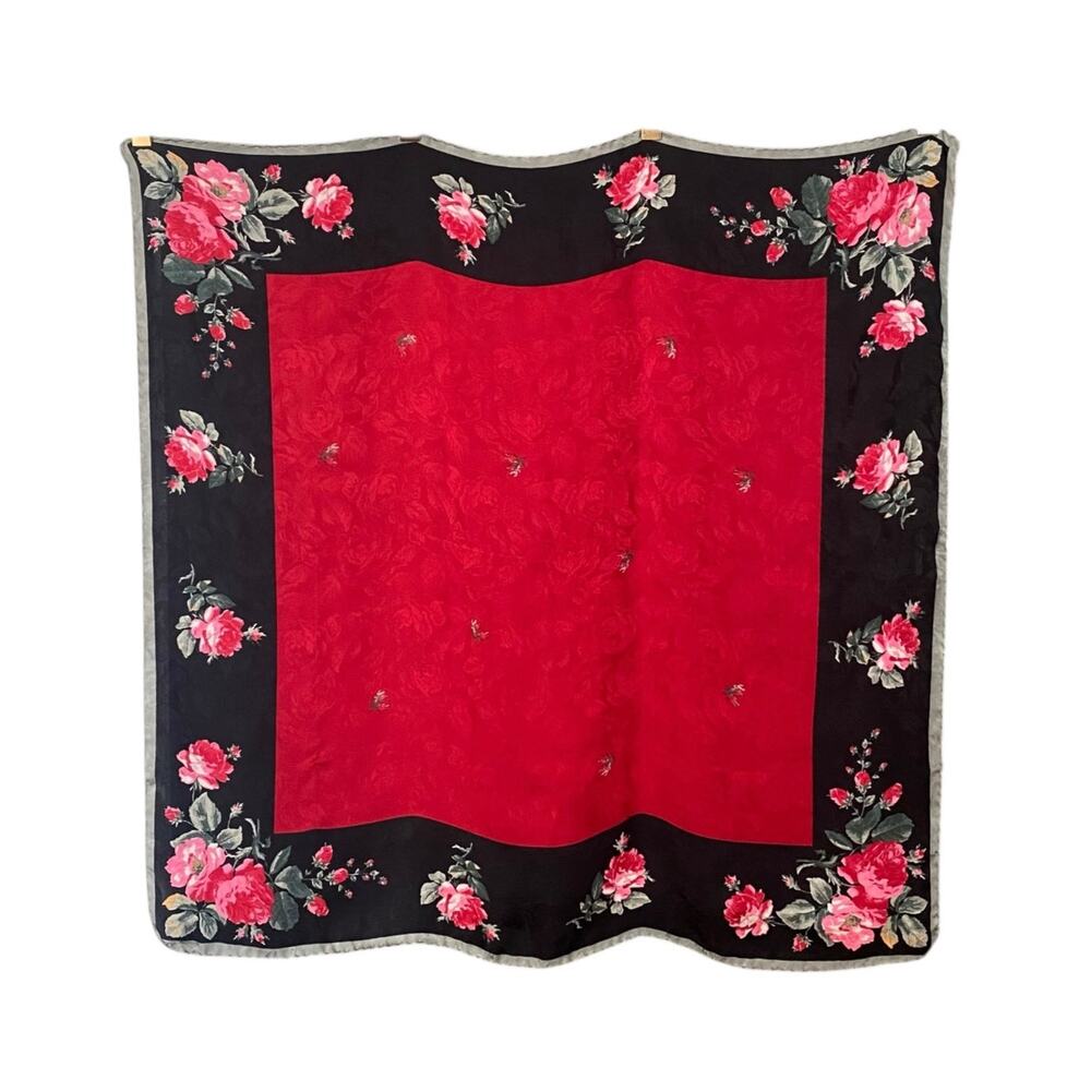 NWT Vintage Paul Stuart Gorgeous Silk Scarf Black Red Florals Made In Italy NOS